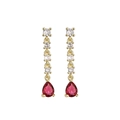 Boucles d'oreilles pendantes dorées avec zircons clairs et pierre rouge en poire - Boucles d'Oreilles Pierre Gemme Goutte d'Eau Rouge / Or