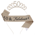 Champagne gold 50th birthday set with crystal tiara and 50 & Fabulous glitter sash - One Size / 50th (Glitter) / Gold/Black