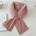 Pink knit scarf with faux fur collar and cable knit design on a minimal white background - Pink