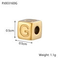 Macro view of a 0.5cm golden titanium steel cube bead with engraved letter G - Letter G / Gold