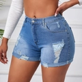 Women's high waist ripped denim shorts in classic blue with distressed frayed detailing - S / Light Blue