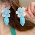 Blue and white flower tassel earrings with woven teardrop pendant on female model - Sweet Blue Woven Mesh Earrings (61# Silver Earring Post - Blue)
