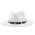 White woven Panama sun hat with black leather band and silver metal studs on white base - 58cm / White