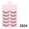 5 pairs of natural black false eyelashes in model ZB34 on a pink display tray - ZB34 Cotton Thread Stem - 5 Pairs