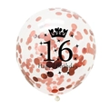 Transparent 16th birthday latex balloon with rose gold confetti and crown logo - Rose Gold Crown Confetti