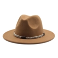 Detail of camel wool fedora hat featuring wide brim and vintage braided trim band - Khaki