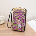 Pink sequined crossbody phone bag with woven rabbit patch and gold kiss-lock clasp - Green