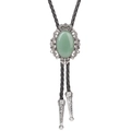 Western bolo tie featuring vintage crown silver frame with green gemstone on black cord - Aventurine Jade