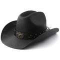 Zwarte strooien cowboyhoed met lederen band en metalen stierenschedelornament voor heren - M (56-58cm) / Helemaal Zwart