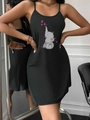 Women's black slip sleepwear dress featuring a cute elephant and heart print - S / Black Elephant