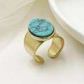 18K gold plated stainless steel ring with oval turquoise stone and open band design - Adjustable Open / Large Oval Turquoise Wide Smooth(R0058-02)