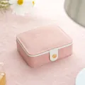 Pink suede portable jewelry travel case with secure gold snap closure and white piping - Portable Square / Sakura Pink