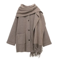 Damen Strickmantel mit Fransen-Schal und großen Taschen in dunklem Haferflocken-Braun - S / Khaki
