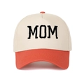 Close-up of the detailed MOM embroidery on the two-tone vintage trucker baseball cap - Adjustable / Off-White and Orange Red