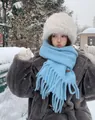 Light blue cashmere-like scarf with fringe and white plush hat for winter warmth - Iceland Sea Salt Blue