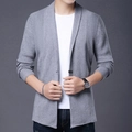 Men's grey slim-fit knit cardigan jacket with single-button closure for business casual look - M / Gray