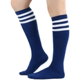 Navy blue knee-high socks with three white stripes in a sporty collegiate style - One Size / Royal Navy/White Stripes