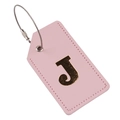 Pink PU leather luggage tag featuring a gold embossed letter J with steel cable ring - Letter J