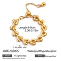 Detail of adjustable gold stainless steel heart chain bracelet with size measurements - Hollow Heart Style (JDR0208005)