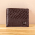 Classic men's short bi-fold wallet in dark coffee leather with woven texture - Coffee