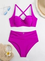 Conjunto de bikini fucsia de talle alto con copas con aro y detalles fruncidos - S / Rosa Rojo