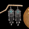 Bohemian silver earrings with turquoise beads and tassel bells on a wooden branch - E2139-2/Long Tassel Bell Hollow Carved