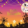 Bannière Happy Halloween violette et orange avec château hanté et motifs de citrouilles - 50*80cm / Halloween-6