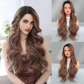 Long wavy lace front wig with natural brown ombre color and large curls for women - 70cm / Mocha Brown