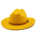 Detail of yellow wool fedora showing brown snake-patterned leather belt and metal buckle - M (56-58cm) / Yellow