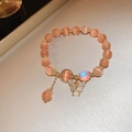 Peach cat eye stone bracelet with golden butterfly charm and shimmering zircon inlay - 90# Elastic Bracelet-Orange Cat's Eye-Gold Butterfly