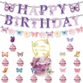 Purple and gold butterfly birthday party decoration set with banner and cake toppers - Butterfly Letter Banner, Garland, Large And Small Toppers