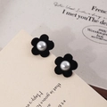 Elegant pair of black velvet flower hair clips with white pearl centers in a vintage style - Flocked Plum Pearl Stud Earrings / Black