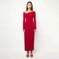 Detail van de rode maxi-jurk met lange mouwen, zijknopen en een asymmetrische halslijn - S / Rood