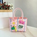 Pink and blue woven picnic basket bag with a fabric flower and Good Luck label - Sunflower Bow Decoration / Pink Main Color Vertical Stripe