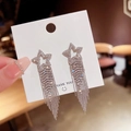 Macro shot of silver tassel earrings with star design and dangling crystal chains - Hollow Pentagram Full Diamond Tassel (E0046) 925 Sterling Silver Earring Post