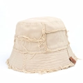 Beige canvas bucket hat with frayed edges and brown leather patch in a street style - M (56-58cm) / Beige