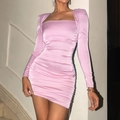 Close-up of pink satin long sleeve dress with elegant side ruching and glossy fabric - XS / Pink