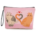 Pink canvas makeup bag with cartoon cats heart illustration and black wrist strap - Gray & Orange Cats Pink Style (xy-086-3) / With Wrist Strap
