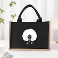 Black cotton canvas tote bag featuring white African woman print and jute border details - Black Graphic 12