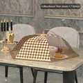 Brown checkered foldable food cover 70cm mesh dome protecting 5-7 dishes from dust - Round 70cm / Coffee Lattice (No Lace)