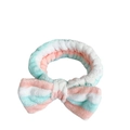 Plush coral fleece headband with bowknot in blue, pink, and white stripes for spa use - Stripe Style 1