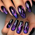 Detail of long coffin press-on nails with vibrant purple and blue gradient flame design - Aurora Flame Purple Gradient Style (AW452)