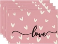 Detail of four-piece pink linen placemats with heart patterns and love calligraphy - Linen / Pink Heart Style (3)