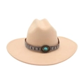 Classic beige western cowboy felt hat with ethnic pattern band and turquoise stone accent - Large Brim Oval Blue Stone / Beige