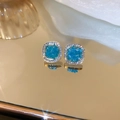 Elegant blue crystal flower stud earrings with diamond halo and gold finish - Blue Square Crystal Gold Studs (33#)