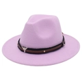 Detail of lavender felt jazz hat featuring black braided band and metal bull head ornament - Taro Purple