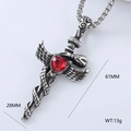 Detailed view of Gothic sword pendant with red heart gem, snake and wings, 61mm length - Wing Snake Sword Red Heart Gemstone (Style 19)