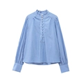 Blue and white striped cotton blouse with elegant pie-crust collar and ruffled neckline - XS / Blue