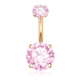 Golden belly button ring featuring two faceted pink crystals with a clear reflection - Rose Gold-Pink Zircon Double Round