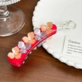 Elegant red acetate banana hair clip featuring orange and grey floral rhinestone accents - Red